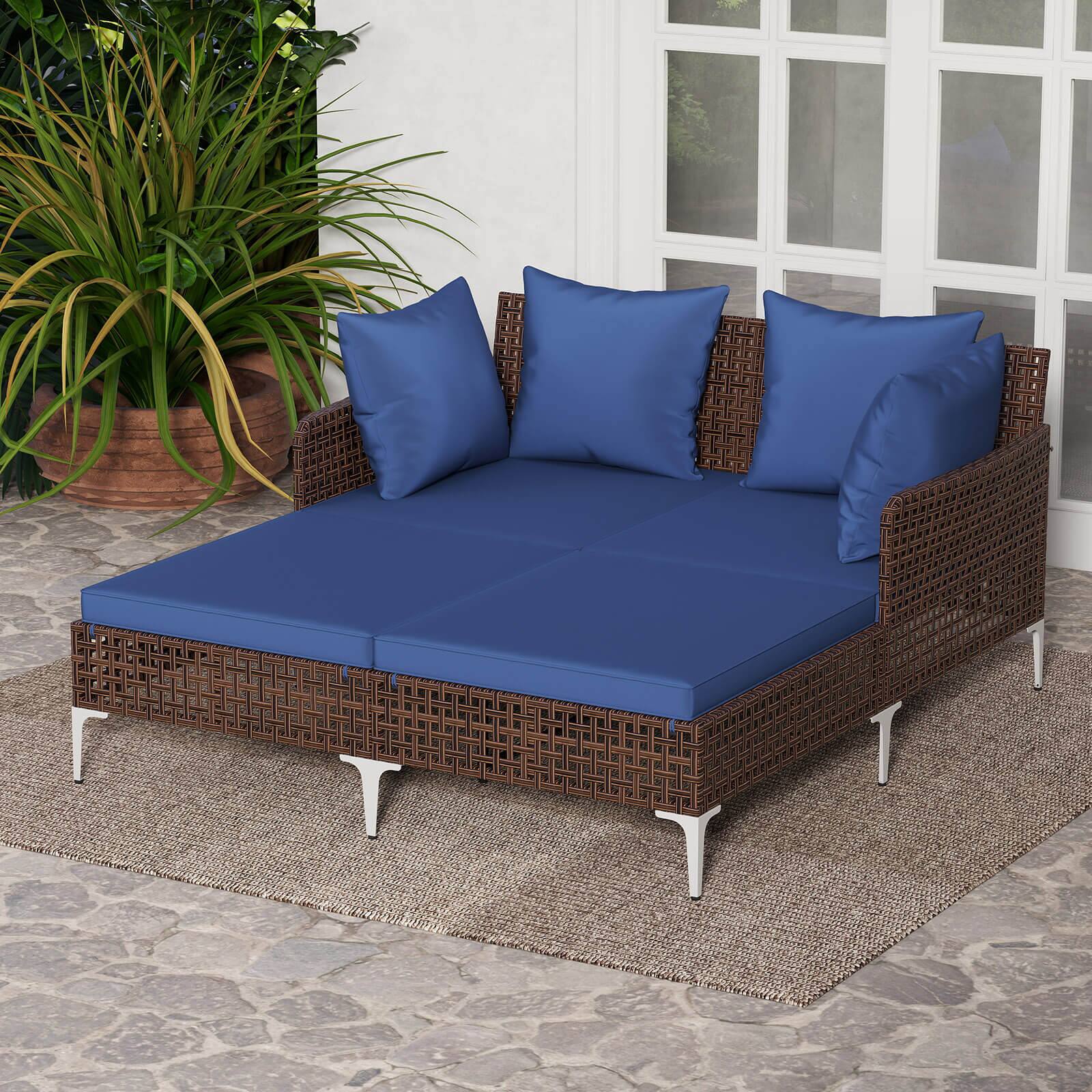 Alt View 3. Costway - Costway Outdoor Patio Daybed PE Rattan Sunbed with Sponged-Filled Pillows and Cushions - Navy.