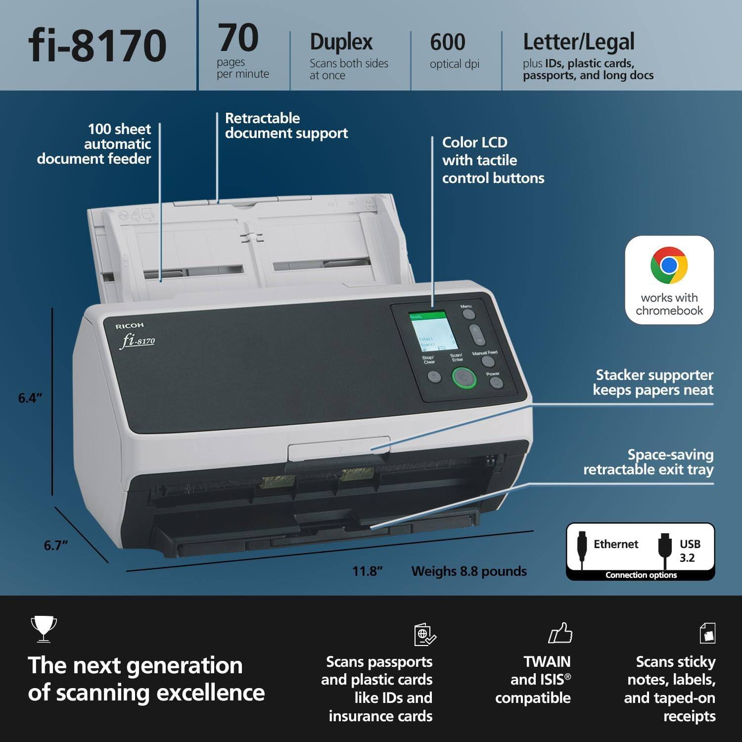 fi-8170

70 pages per minute

Duplex Scans both sides at once

600 optical dpi

Letter/Legal plus IDs, plastic cards, passports, and long docs

100 sheet automatic document feeder

Retractable document support

Color LCD with tactile control buttons

RICOH fi-8170

works with chromebook

Stacker supporter keeps papers neat

Space-saving retractable exit tray

Ethernet USB 3.2 Connection options

The next generation of scanning excellence

Scans passports and plastic cards like IDs and insurance cards

TWAIN and ISIS compatible

Scans sticky notes, labels, and taped-on receipts

6.4"

6.7"

11.8"

Weighs 8.8 pounds
