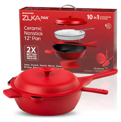 GRANITESTONE
ZUKA PAN™
Ceramic Nonstick 12" Pan
2X BETTER NONSTICK RELEASE*
Sear, Steam, Sauté, Warm, Slow Braise, Poach
10 in 1 COOKWARE SYSTEM
6-PIECE SET
*Easier to Clean, Nonstick, PFOA Free
*Easier to Clean, Nonstick, PFOA Free