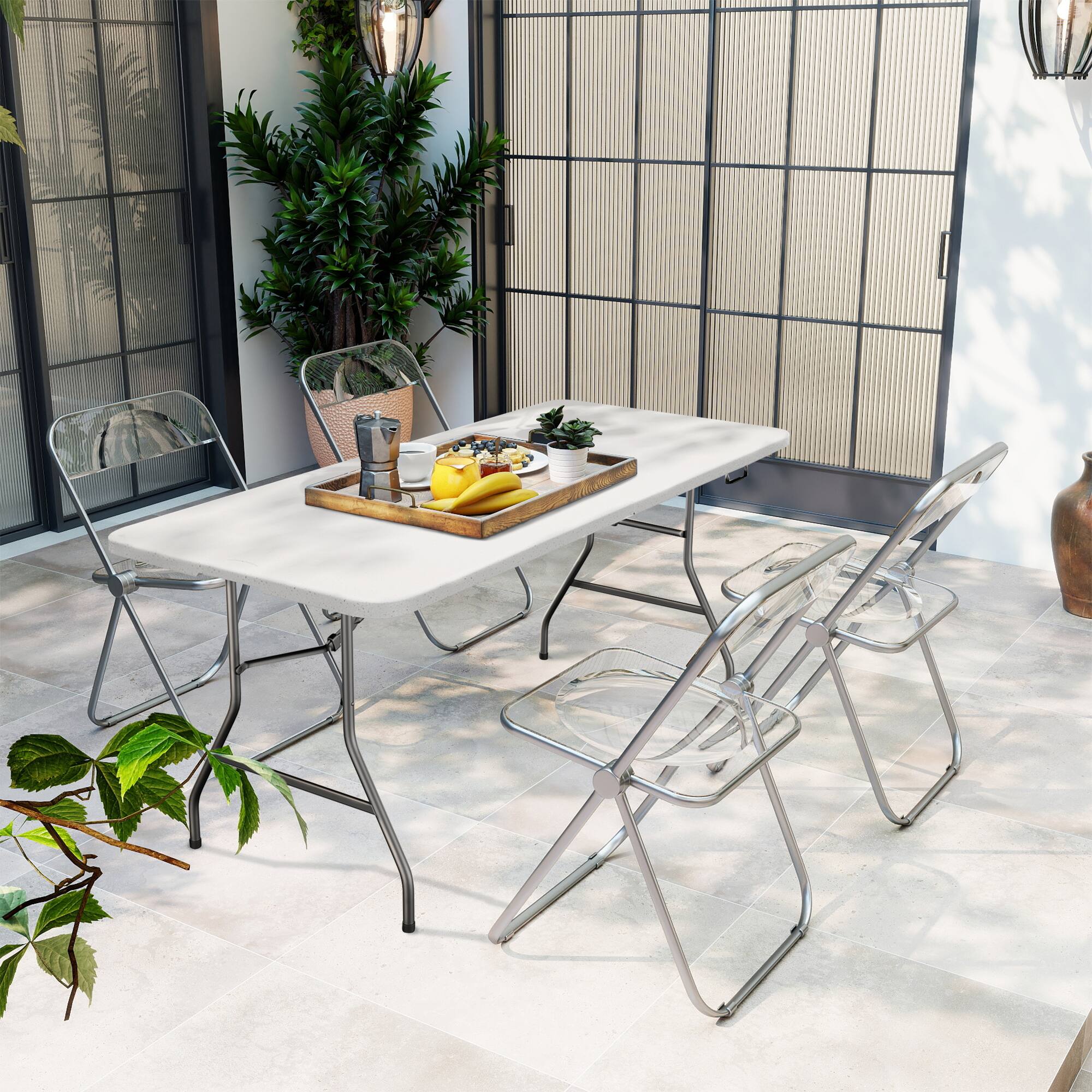 Back. Decksplore - Folding Table 6 Feet - Heavy-duty plastic table with handles, folds for portability - White.