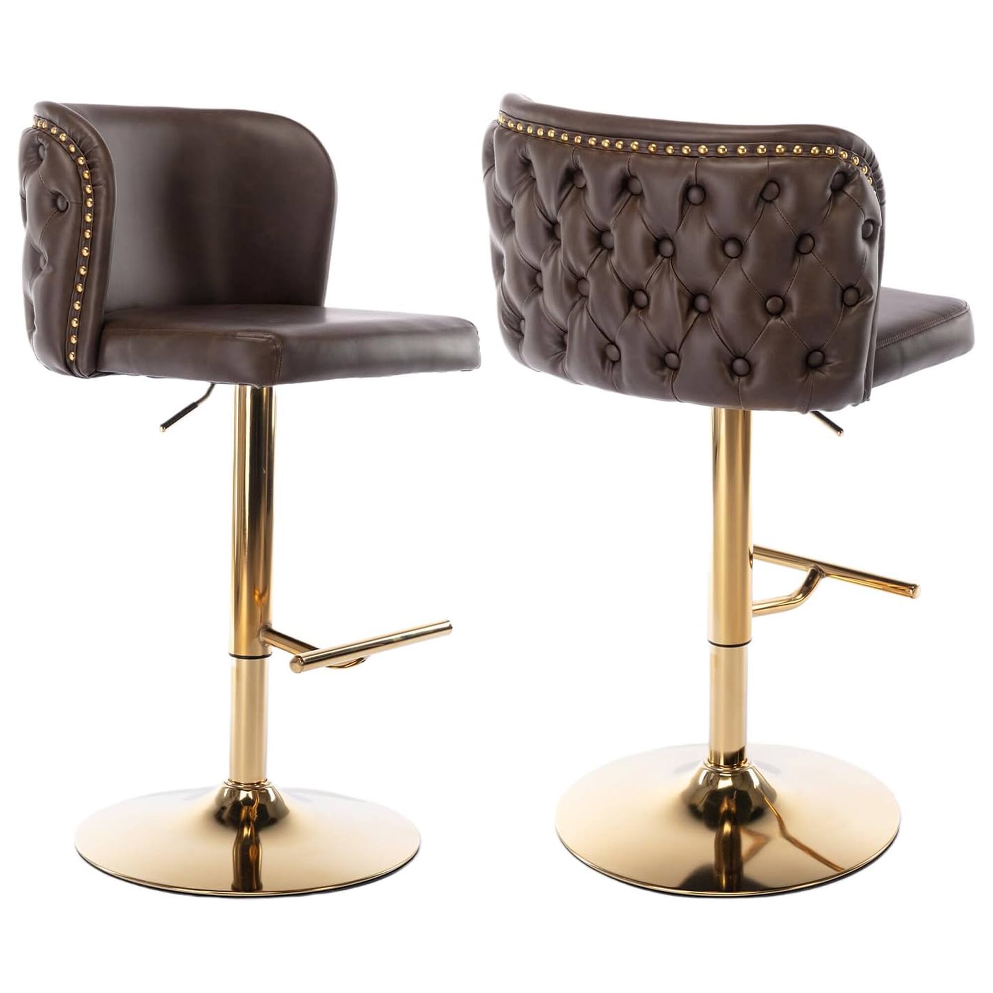Front. HTUTWOO - Adjustable Bar Stools Set of 2, Swivel Counter Height Chairs, PU Upholstered Barstools with Button Tufted for Kitchen - Brown.