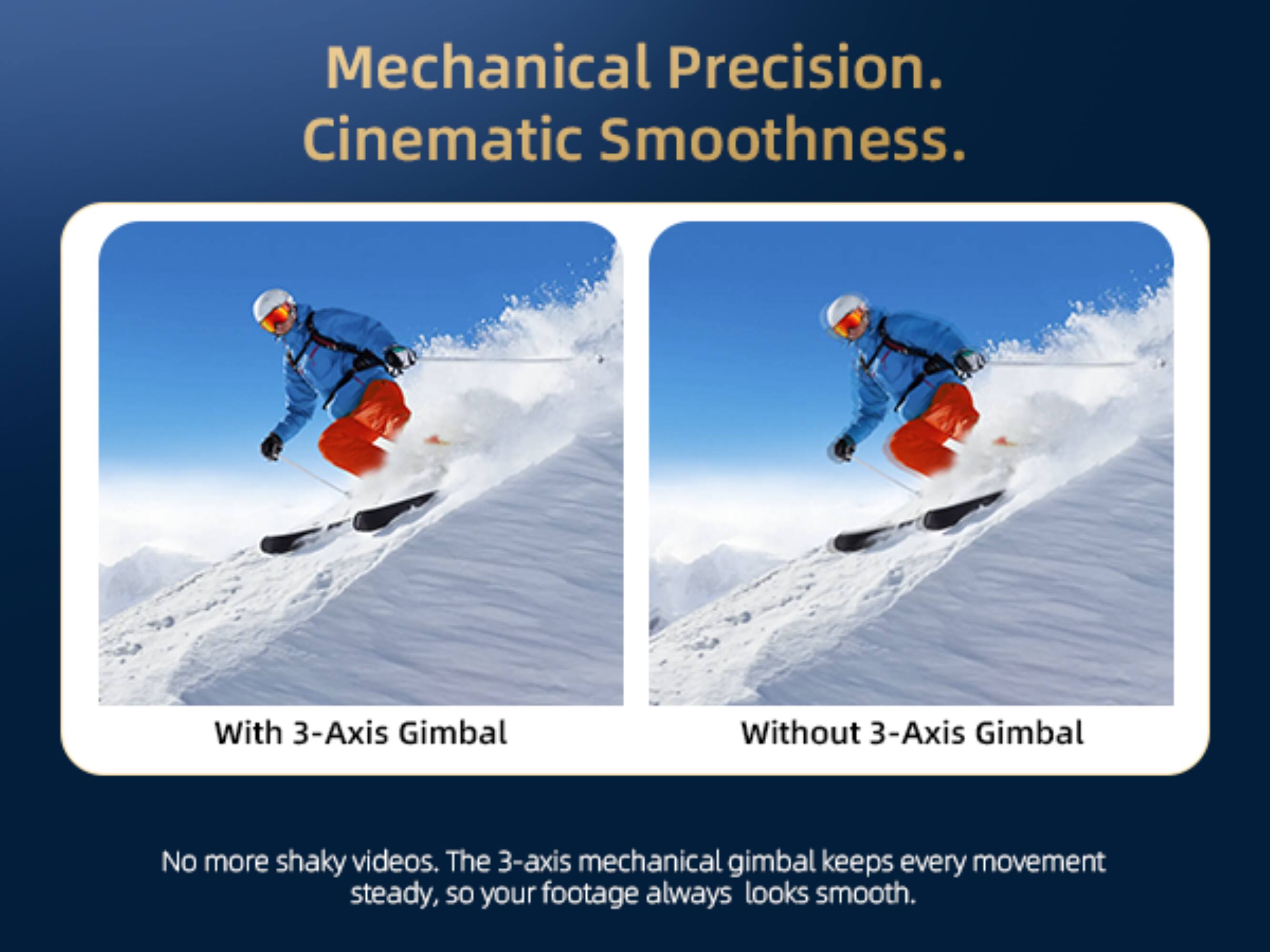 Mechanical Precision. Cinematic Smoothness. With 3-Axis Gimbal Without 3-Axis Gimbal No more shaky videos. The 3-axis mechanical gimbal keeps every movement steady, so your footage always looks smooth.