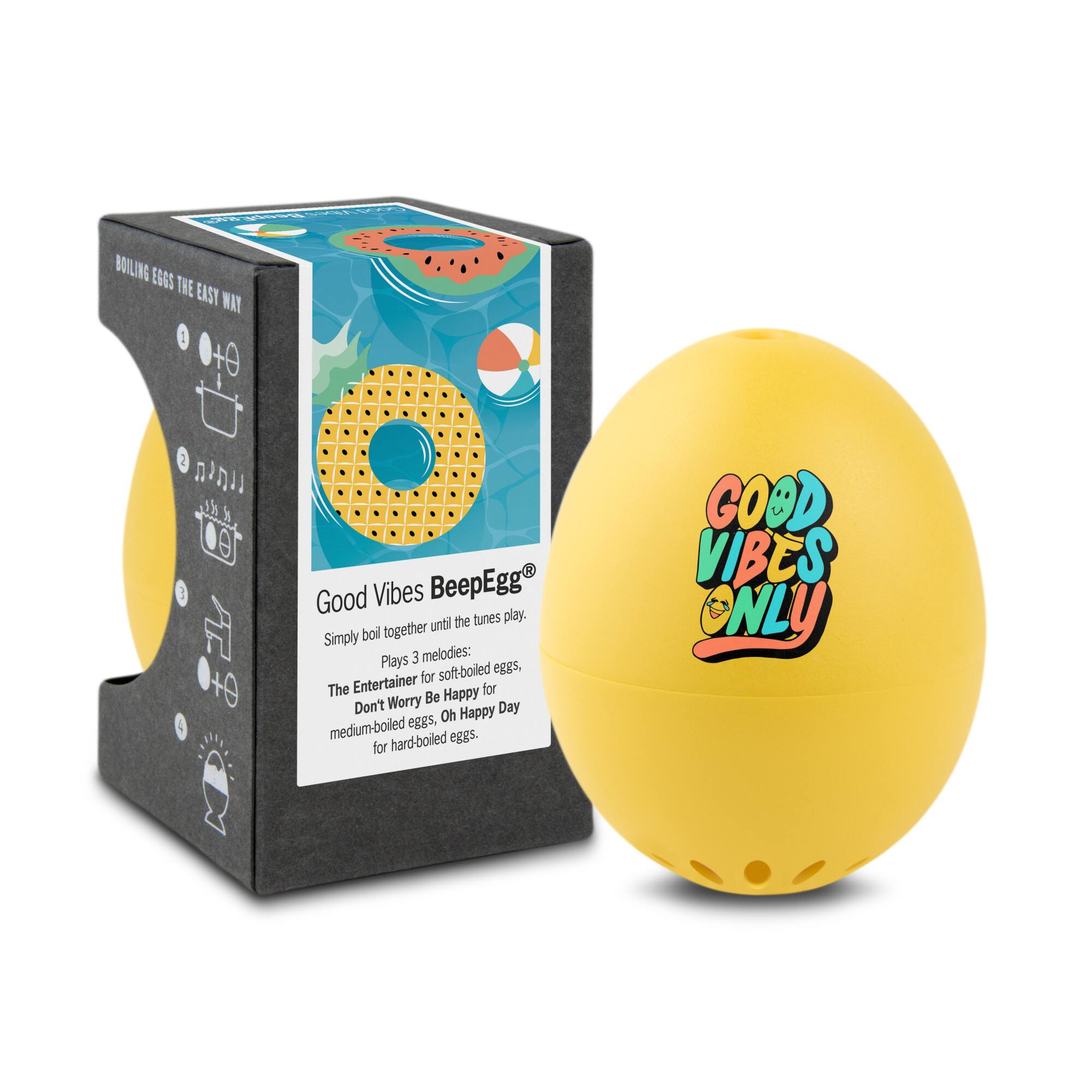 Good Vibes BeepEgg®

Simply boil together until the tunes play. Plays 3 melodies: The Entertainer for soft-boiled eggs, Don't Worry Be Happy for medium-boiled eggs, Oh Happy Day for hard-boiled eggs.

GOOD VIBES ONLY