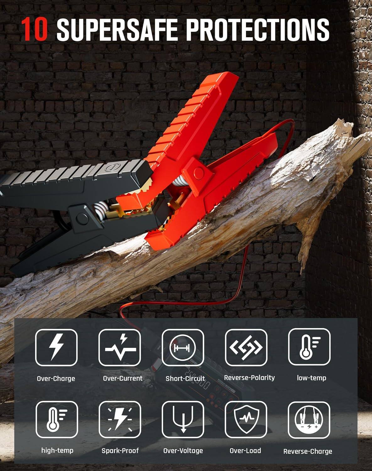 10 SUPERSAFE PROTECTIONS  
Over-Charge  
Over-Current  
Short-Circuit  
Reverse-Polarity  
low-temp  
high-temp  
Spark-Proof  
Over-Voltage  
Over-Load  
Reverse-Charge