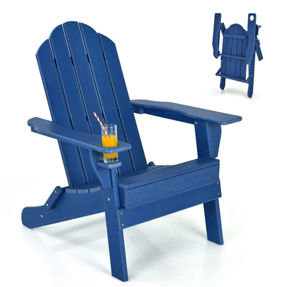 Pefilos - Weather Resistant Patio Chair, Folding Chair with Built-in Cup Holder, Navy - Blue