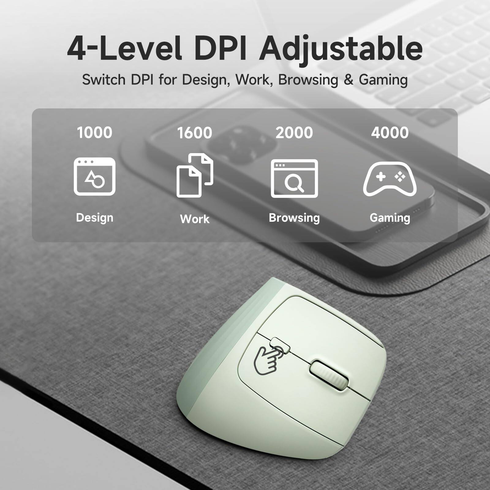4-Level DPI Adjustable  
Switch DPI for Design, Work, Browsing & Gaming  

1000 - Design  
1600 - Work  
2000 - Browsing  
4000 - Gaming