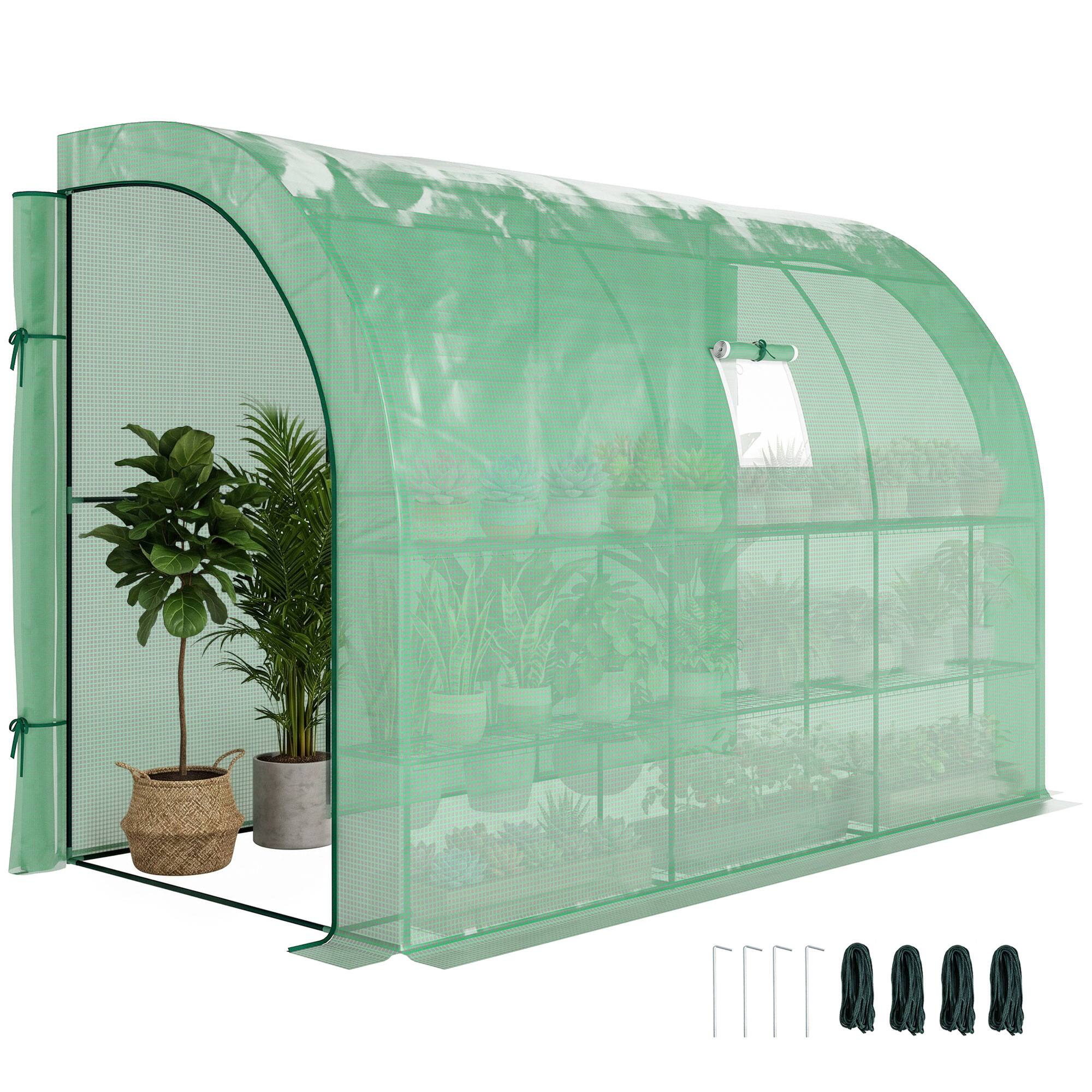Outsunny - 10' x 5' x 7' Lean to Greenhouse, Walk-In Green House, Plant Nursery with 2 Roll-up Doors and Windows