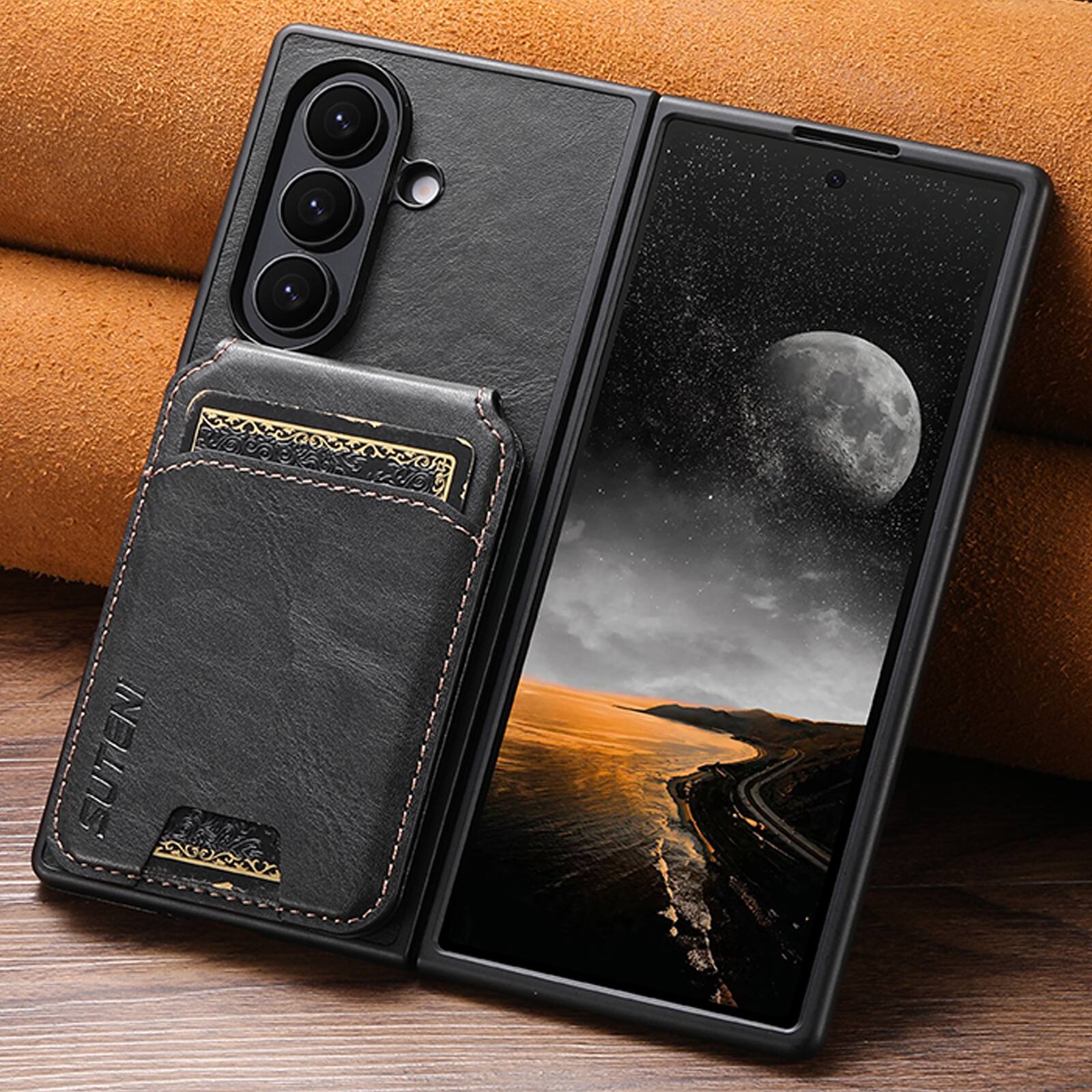 Left. Dteck - Detachable Wallet Card Case for Samsung Galaxy Z Fold 8 Ultra, Shockproof PU Leather Flip Stand Cover - Black.