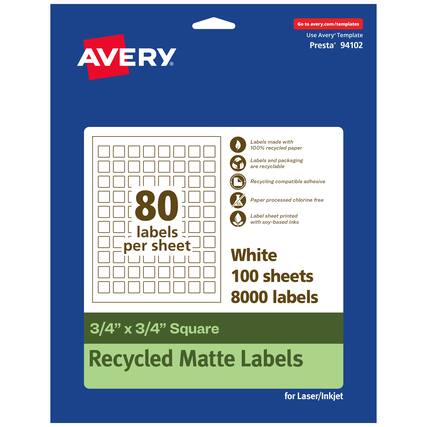 Go to avery.com/templates
AVERY
Use Avery Template Presta* 94102
Labels made with 100% recycled paper
Labels and packaging are recyclable
Recycling compatible adhesive
Paper processed chlorine free
Label sheet printed with soy-based inks
White
100 sheets
8000 labels
3/4" x 3/4" Square
Recycled Matte Labels for Laser/Inkjet