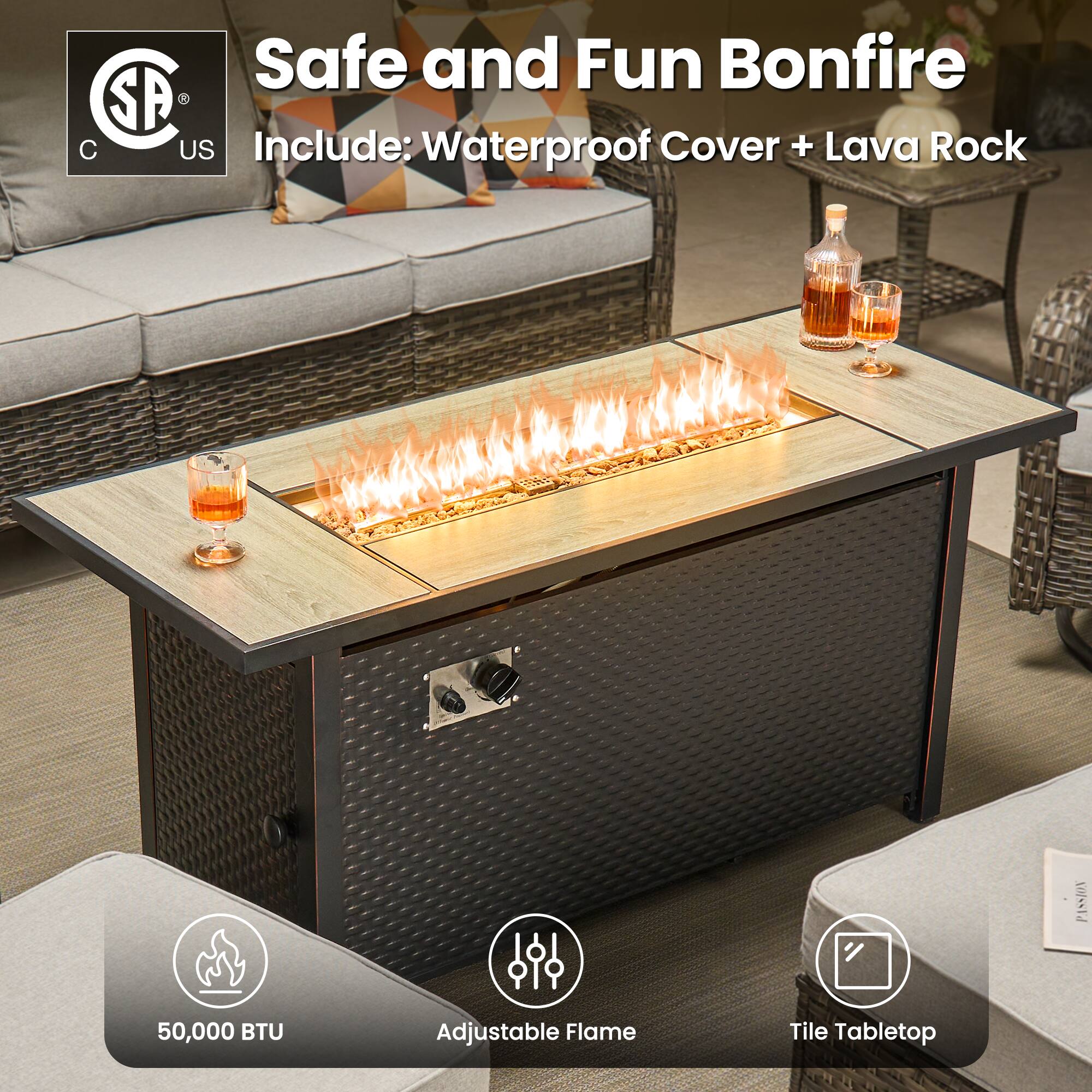 Safe and Fun Bonfire  
Include: Waterproof Cover + Lava Rock  

50,000 BTU  
Adjustable Flame  
Tile Tabletop