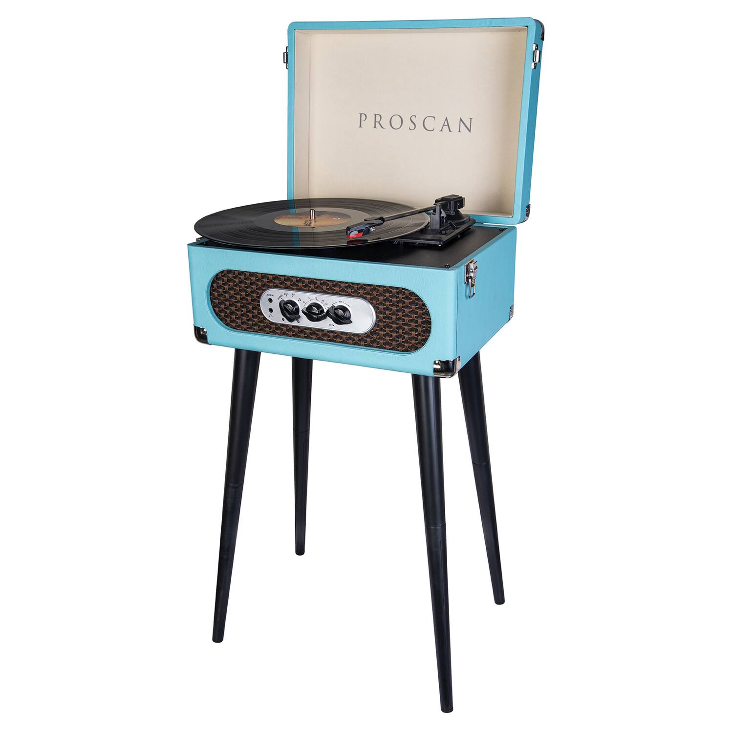 Back. Victor - Proscan Prc894-blue Bluetooth Belt-drive Suitcase-style Retro Turntable With Fm Radio And Stand, Blue - Blue.
