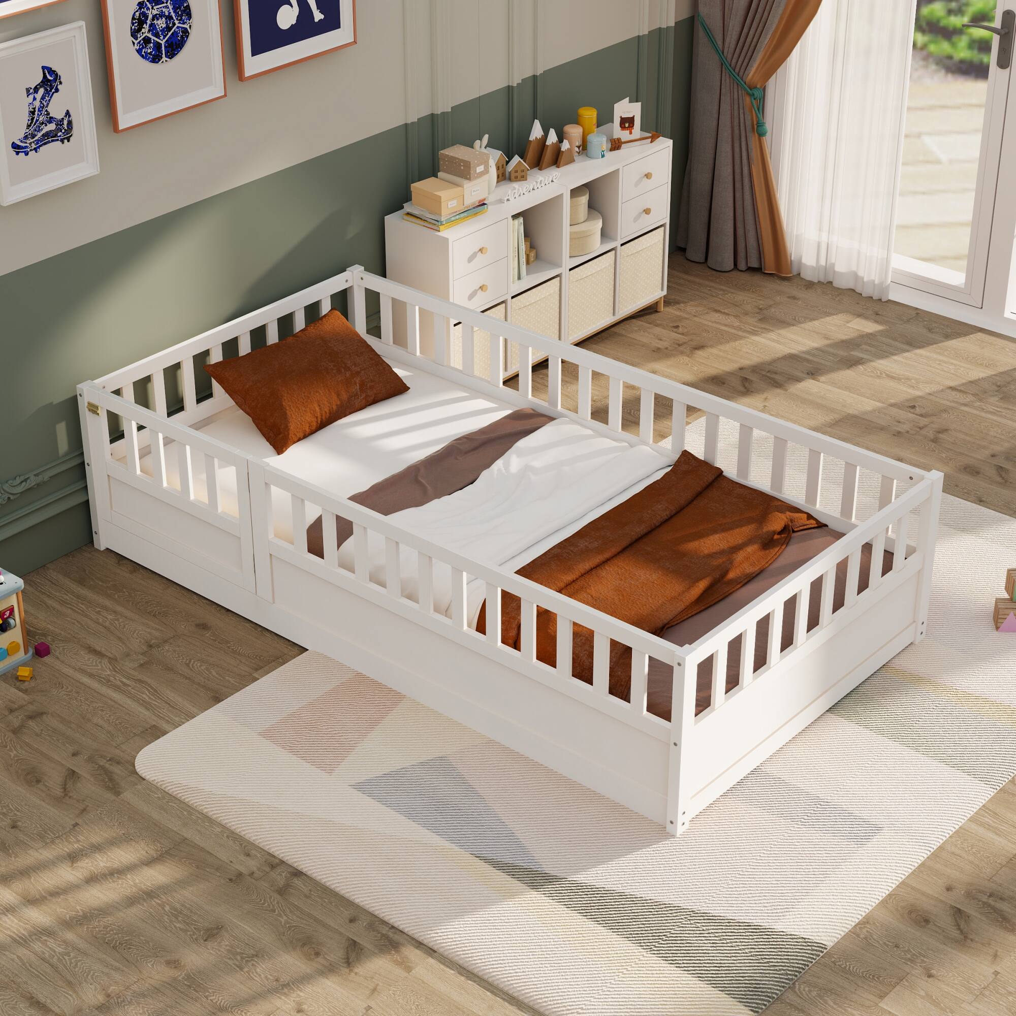 Left. GOODSILO - Twin Size Floor Bed with Safety Barrier and Door for Children, Montessori Inspired Wooden Frame - White.