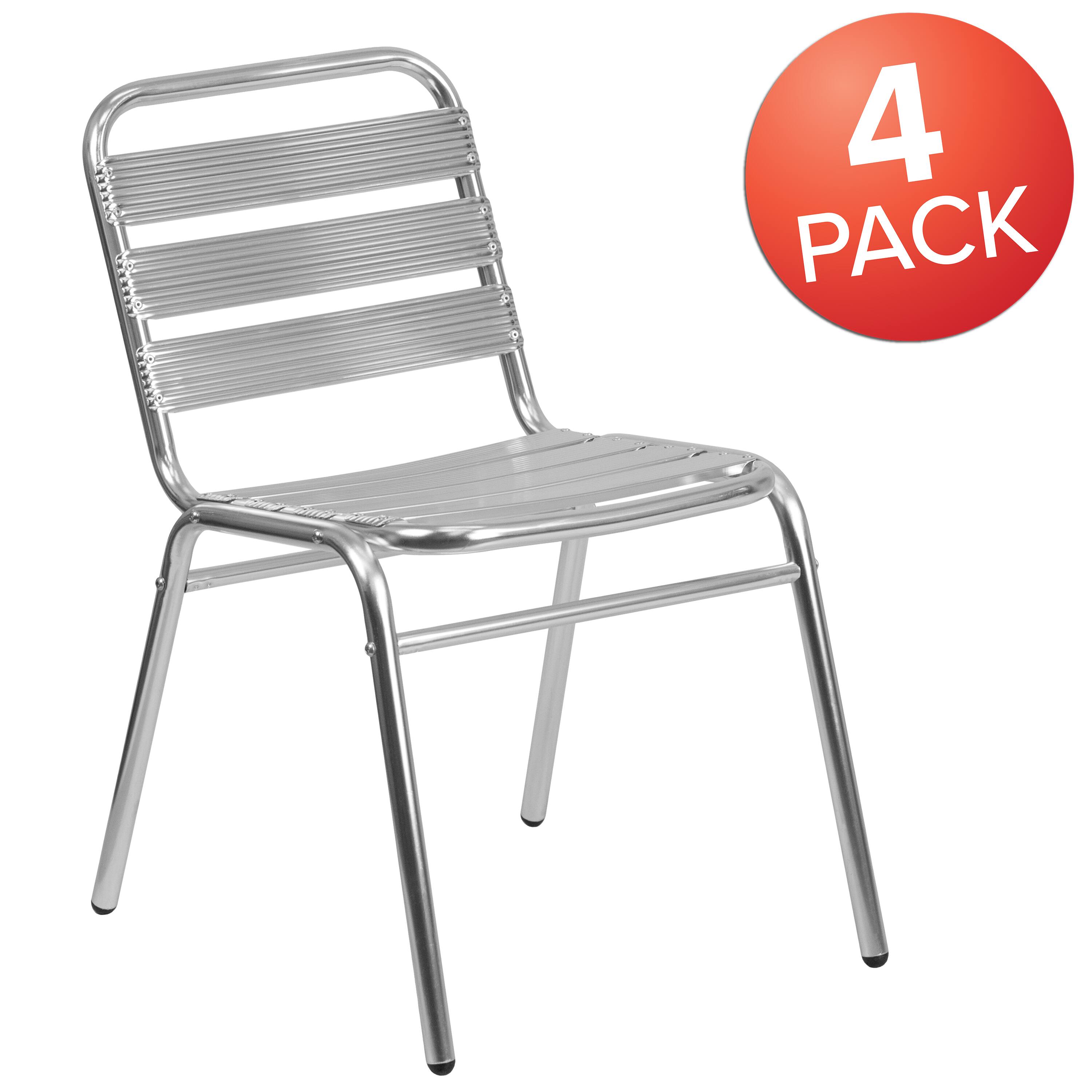 Alt View 1. Emma + Oliver - 4 Pack Metal Commercial Indoor-Outdoor Armless Restaurant Stack Chair with Triple Slat Back - Aluminum.