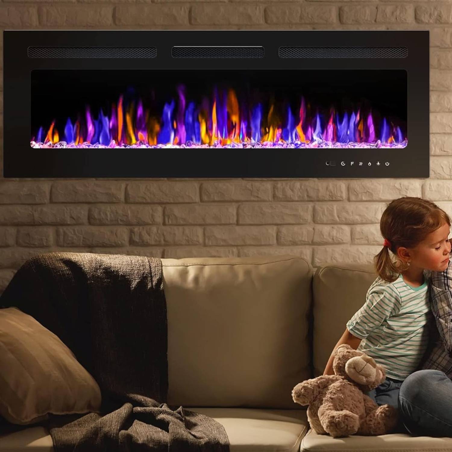 Acekool - Wall Mounted and Recessed 80 Inch Electric Fireplace Heater for Living Room - Black