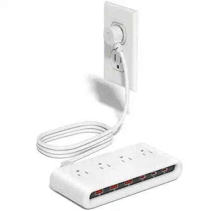 Front. Dazzed Corner - Power Strip with USB-C 35W, 5FT Flat Plug Extension Cord - White.