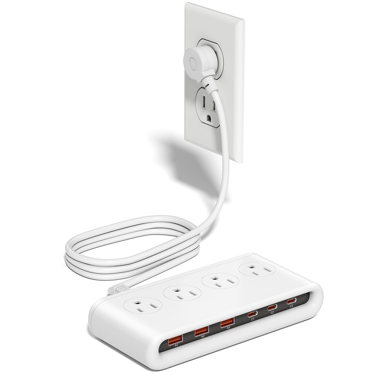 Front. Dazzed Corner - Power Strip with USB-C 35W, 5FT Flat Plug Extension Cord - White.