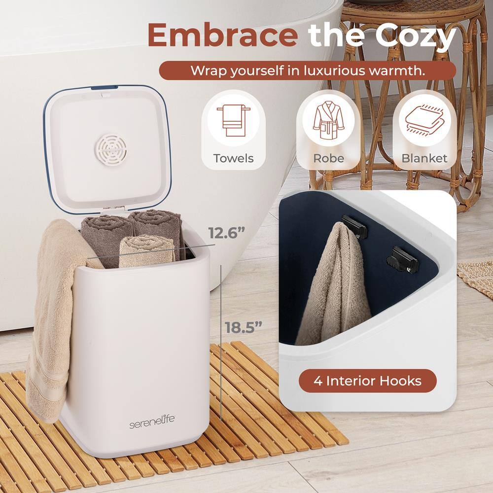 Embrace the Cozy  
Wrap yourself in luxurious warmth.  

Towels  
Robe  
Blanket  

12.6"  
18.5"  

4 Interior Hooks  

serenelife