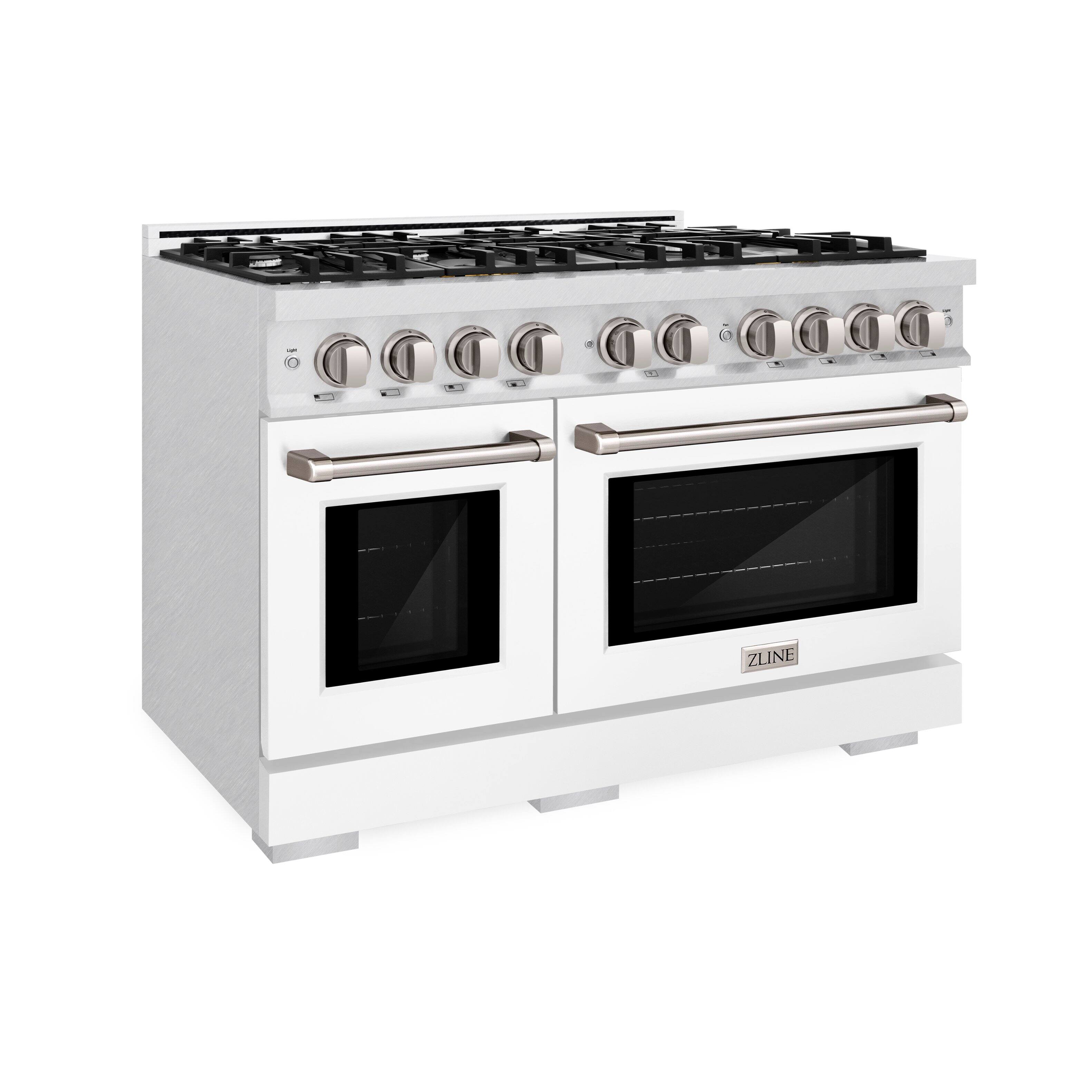 ZLINE - 48 in. 6.7 cu. ft. Freestanding Select Satin Double Oven Gas Range w/ 8 Burners & White Matte Doors - Satin Stainless Steel