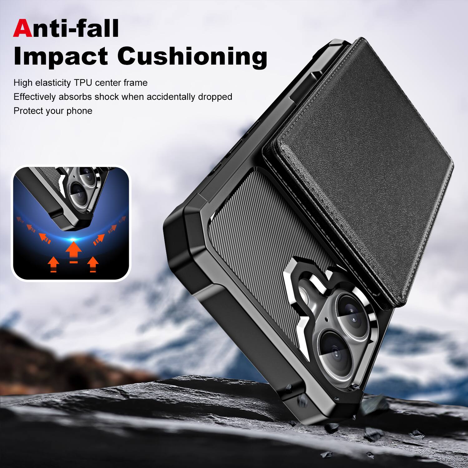 Anti-fall Impact Cushioning

High elasticity TPU center frame
Effectively absorbs shock when accidentally dropped
Protect your phone