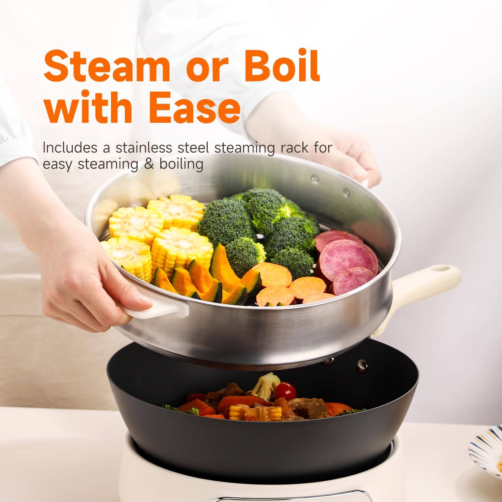 Steam or Boil with Ease  
Includes a stainless steel steaming rack for easy steaming & boiling