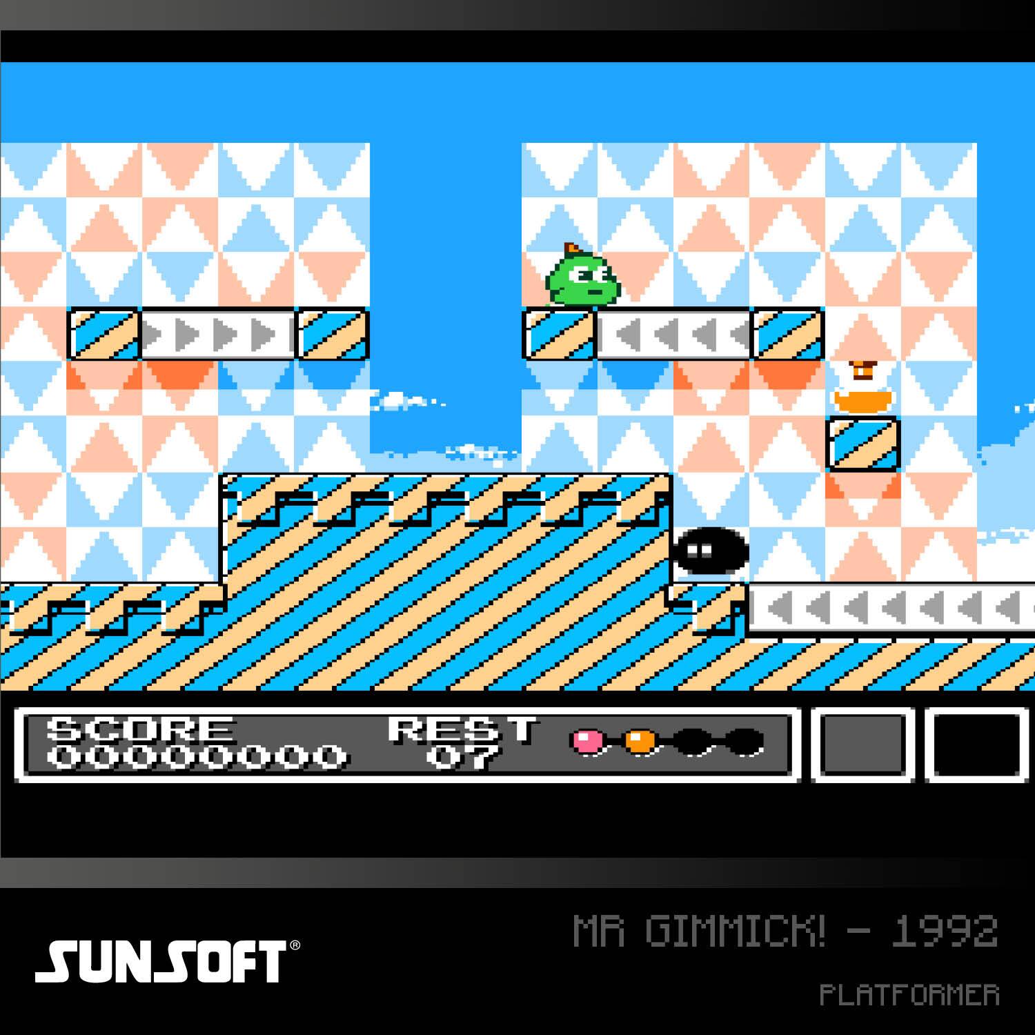 SCORE 00000000 REST 07  
SUNSOFT  
MR GIMMICK! - 1992  
PLATFORMER