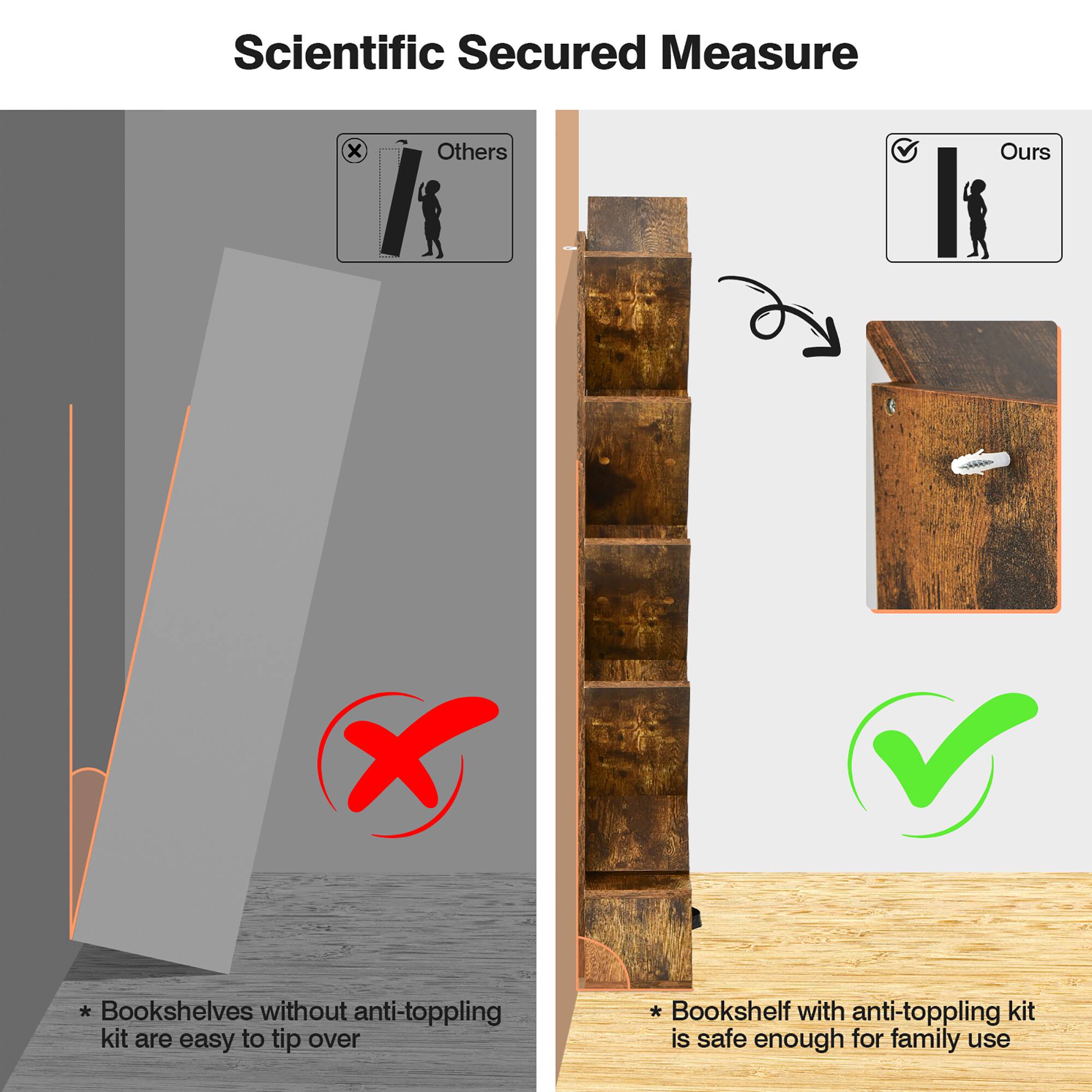 Scientific Secured Measure

Others
* Bookshelves without anti-toppling kit are easy to tip over

Ours
* Bookshelf with anti-toppling kit is safe enough for family use