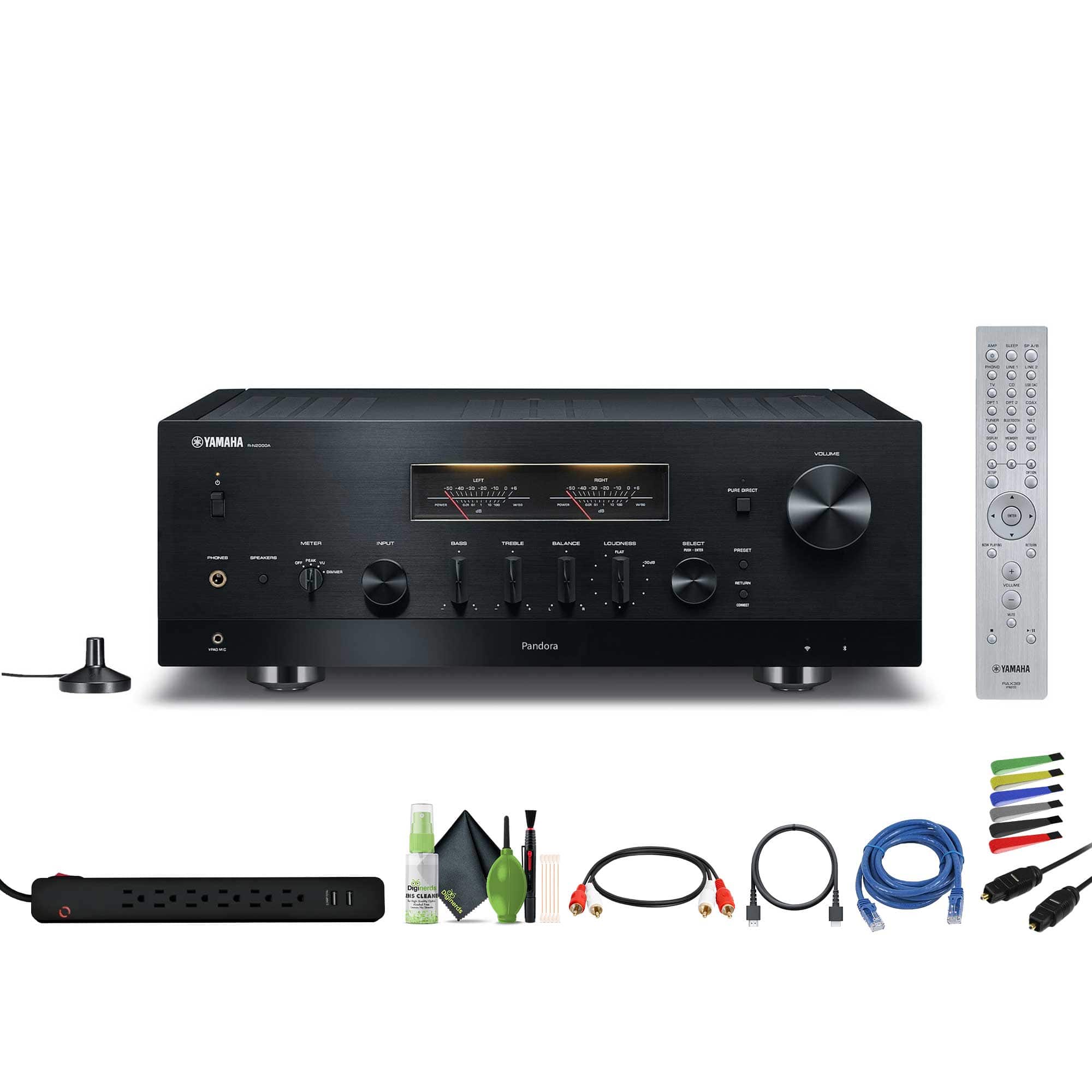 Yamaha - R-N2000A 2.1-Channel Network Stereo Receiver (Black), HDMI Cable, dual RCA male to male, Cat5e Ethernet Patch Cab