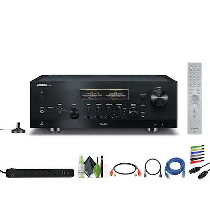 1. A Yamaha RX-V682 AV Receiver
2. Pandoora Remote Control
3. Power Strip
4. Cleaning Spray
5. Cable Organizer
6. Various Cables
