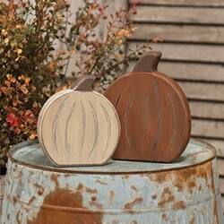 Angle. BreeBe - 2/Set Carved Distressed Wooden Pumpkin Sitters - Orange, Off-White.