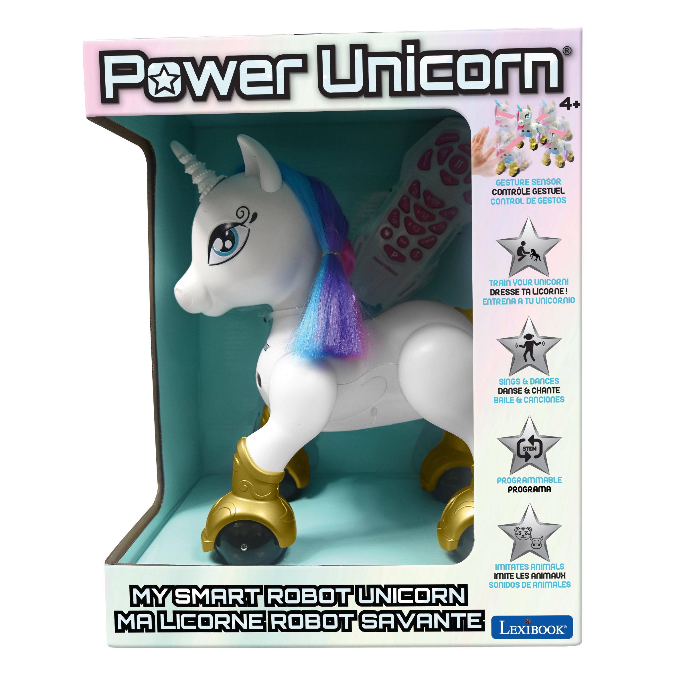 Power Unicorn 4+  
GESTURE SENSOR CONTRLE GESTUEL CONTROL DE GESTOS  
TRAIN YOUR UNICORN! DRESSE TA LICORNE! ENTRENA A TU UNICORNIO  
SINGS & DANCES DANSE & CHANTE BAILE & CANCIONES  
STEM  
PROGRAMMABLE PROGRAMA  
IMITATES ANIMALS IMITE LES ANIMAUX SONIDOS DE ANIMALES  
MY SMART ROBOT UNICORN MA LICORNE ROBOT SAVANTE  
LexiBook
