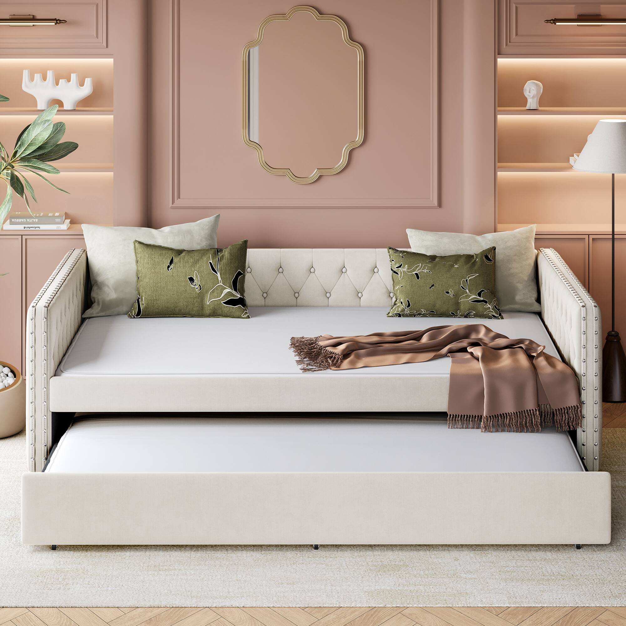Angle. Tiramisubest - Full Size Daybed, Upholstered Tufted Sofa Bed with Trundle,  Full Daybed with Twin Trundle - Ivory.