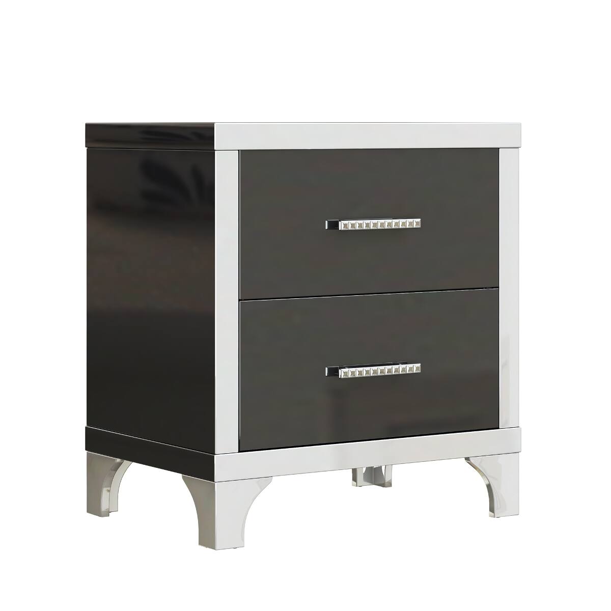 Alt View 2. Loheer - Loheer Black Two Drawer Nightstand, High Gloss Mirrored Bedside Table - Black.