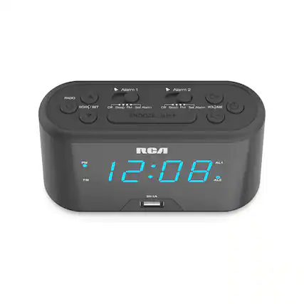 Alarm 1
Alarm 2
RADIO
SCAN/SET
Off Beep FM Set Alarm
Off Beep FM Set Alarm VOLUME
SNOOZE / SLEEP
RCA PM AL1 FM 12:08 AL2
5V-1A