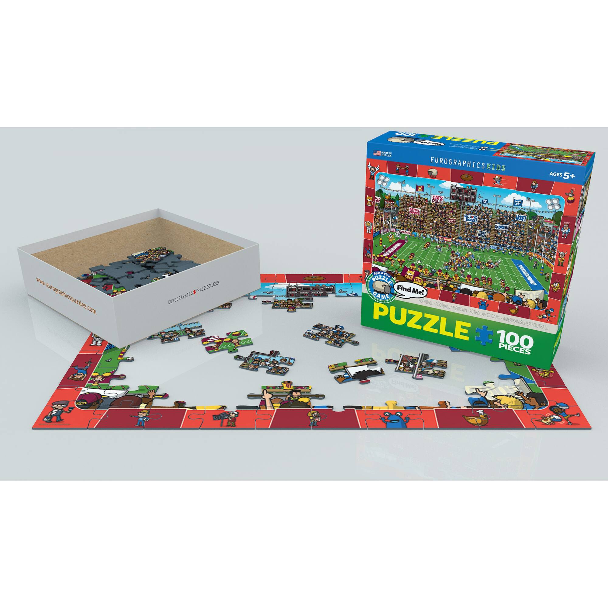 The image features a puzzle with 100 pieces, placed on a table. The puzzle is part of a box that says "Eurographics Kids" on it. The puzzle is designed for children and is a fun activity for them to enjoy.