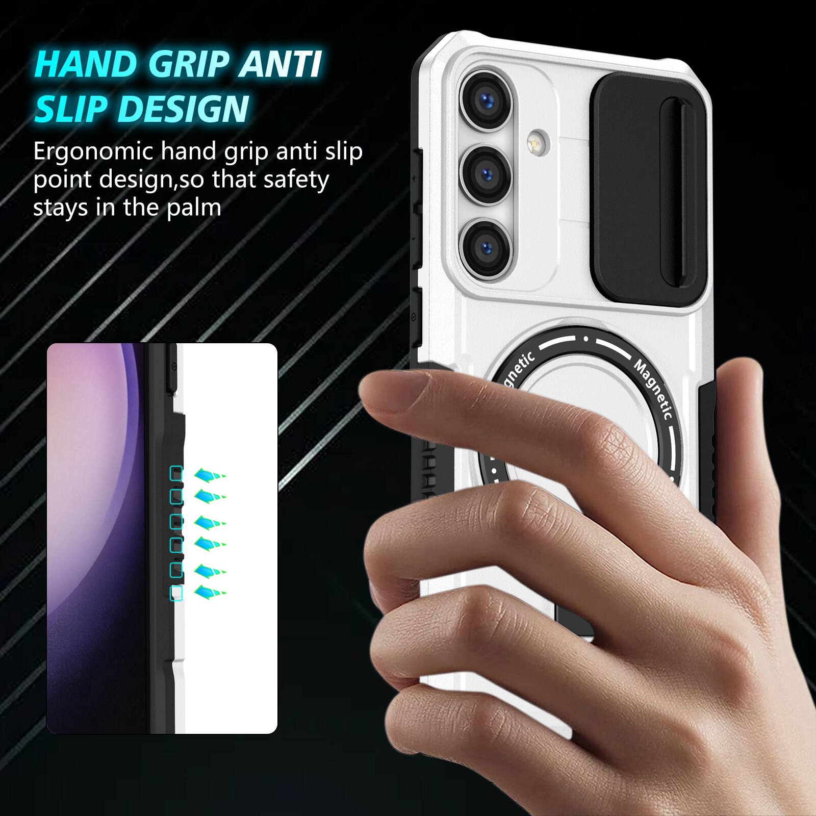 HAND GRIP ANTI SLIP DESIGN  
Ergonomic hand grip anti slip point design, so that safety stays in the palm