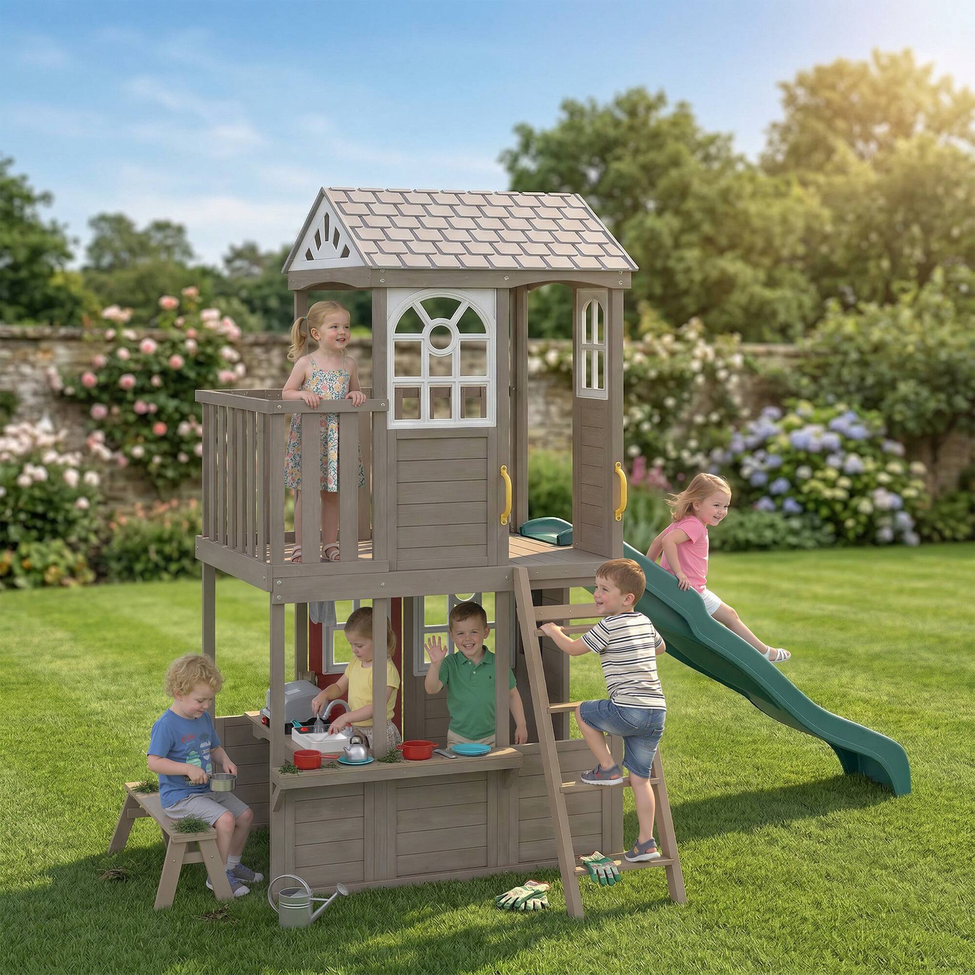 Alt View 1. Qaba - Outdoor Playhouse, Wooden Kids Playhouse with Slide, Bench, BBQ Play Kitchen, Ladder - Brown.