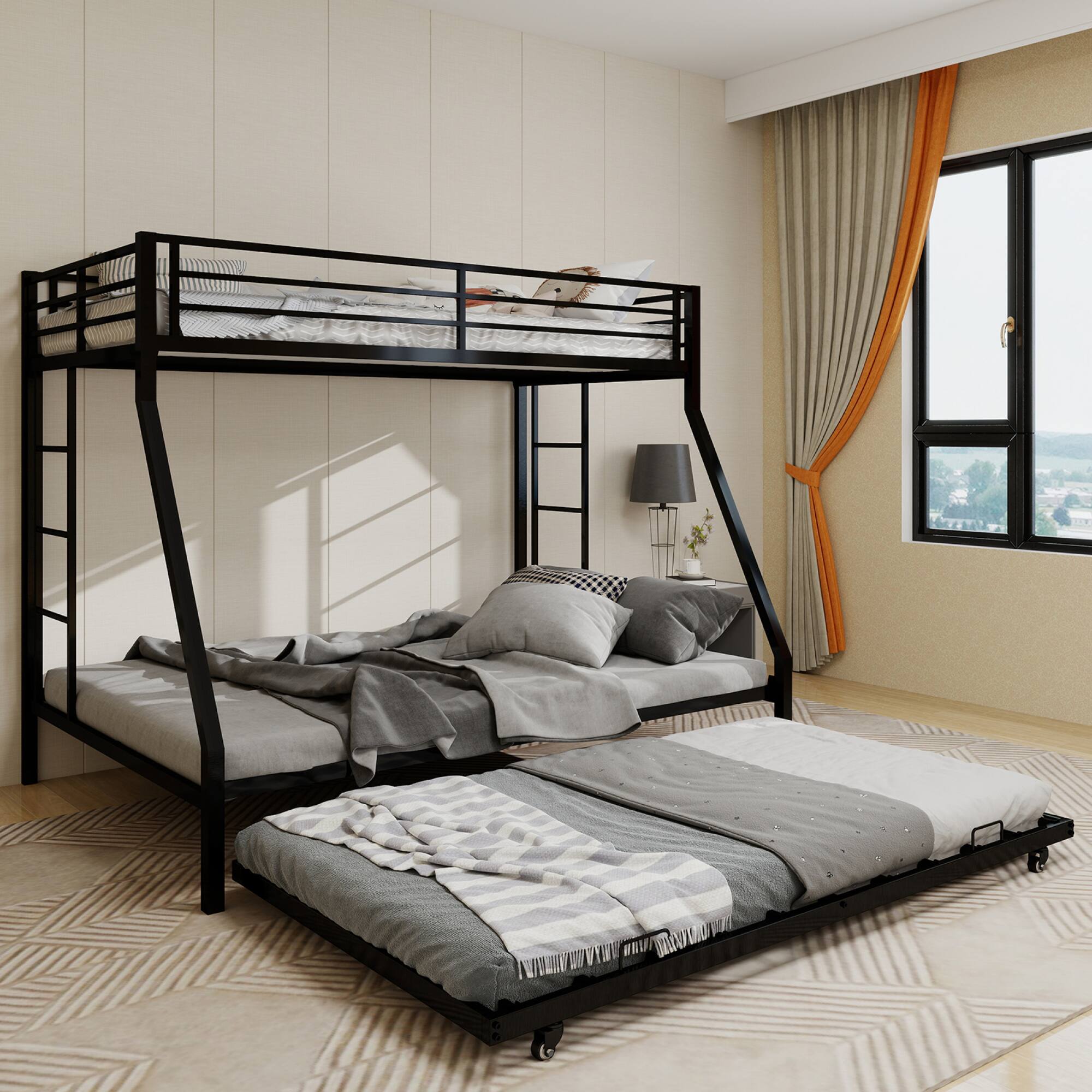 Alt View 4. GOODSILO - Full Size Square Tube Triple Sleeper Bunk Bed with Pull-Out Trundle and Ladder for Space Saving - Black.