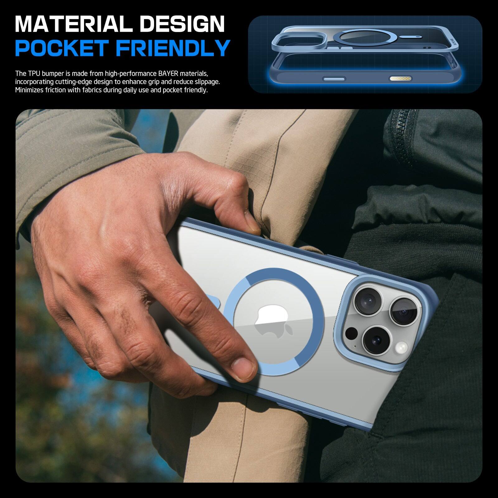 **MATERIAL DESIGN POCKET FRIENDLY**

The TPU bumper is made from high-performance BAYER materials, incorporating cutting-edge design to enhance grip and reduce slippage. It minimizes friction with fabrics during daily use and is pocket-friendly.