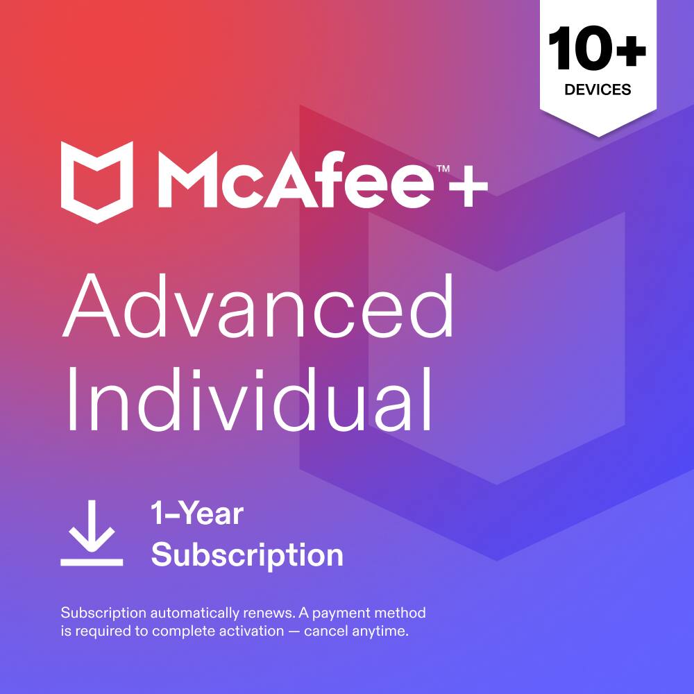 10+ DEVICES  
McAfee+ Advanced Individual  
1-Year Subscription  
Subscription automatically renews. A payment method is required to complete activation - cancel anytime.