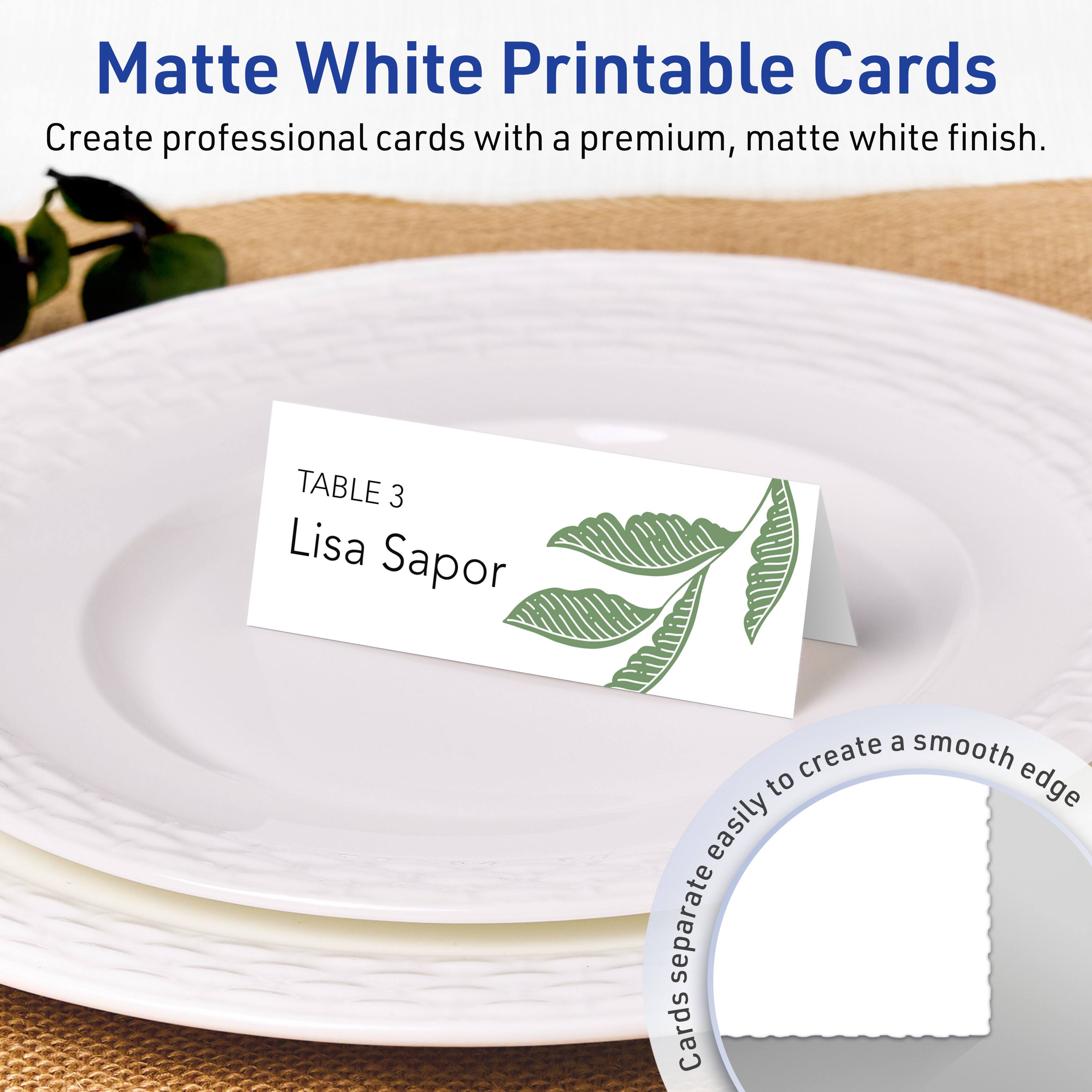 Matte White Printable Cards  
Create professional cards with a premium, matte white finish.  

TABLE 3  
Lisa Sapor  

Cards separate easily to create a smooth edge