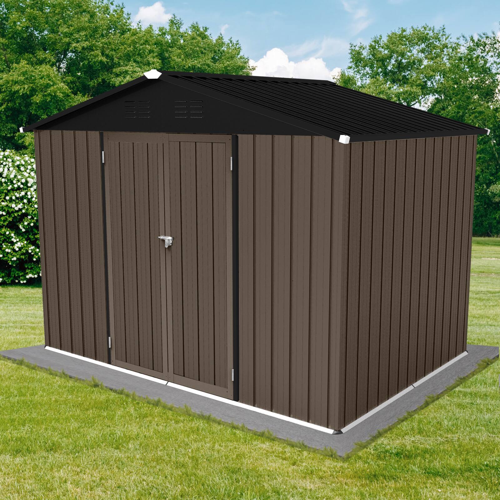 Left. Anysun - 8x6ft Heavy-Duty Metal Storage Shed with Apex Roof, Hinged Door & Integrated Vents, Outdoor Tool Shed with Padlock - Brown.