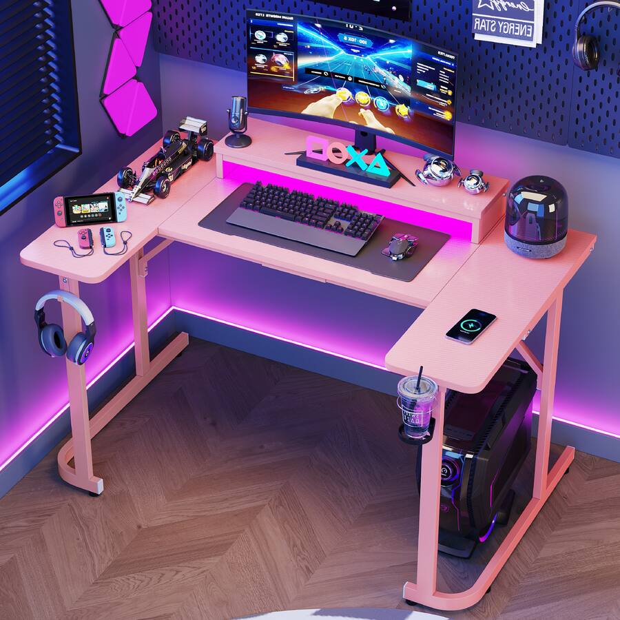 Pdcf Desk Bestier U Shaped Gaming Desk with Monitor Stand, LED Lighting ...