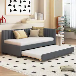 Tiramisubest - Upholstered Daybed with Trundle Twin Size Sofa Bed Frame No Box Spring Needed, Linen Fabric(Gray) - Gray