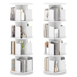 Costway - 2 PCS 4-Tier Rotating Bookshelf 360° Display Rack Dividers & Anti-falling Baffles - White