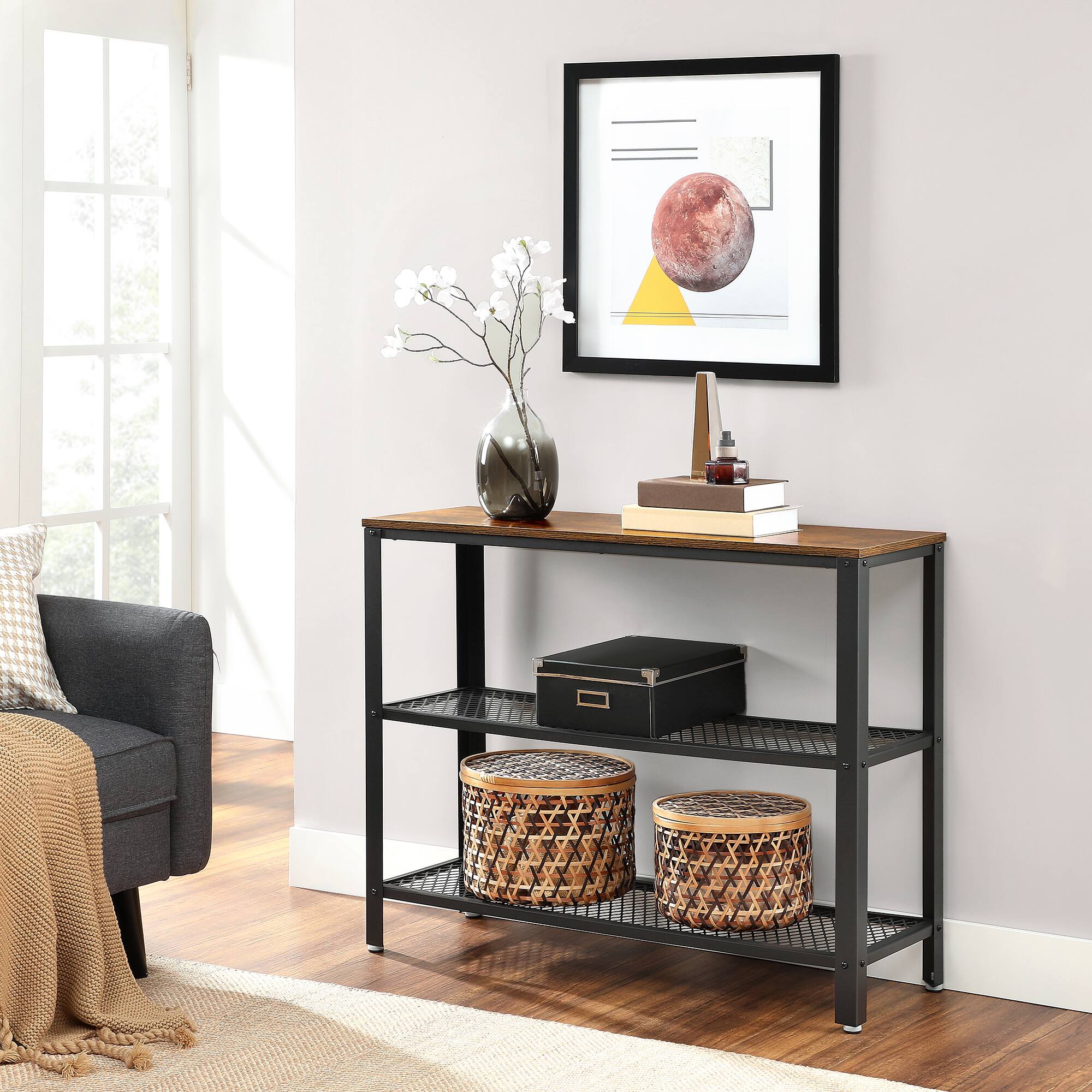 Left. Songmics Home - 40" Industrial Console, 3 Tier Entryway Storage Shelf, Narrow Sofa Table for Living Room, Hallway, Entrance Hall - Rustic Brown and Black.