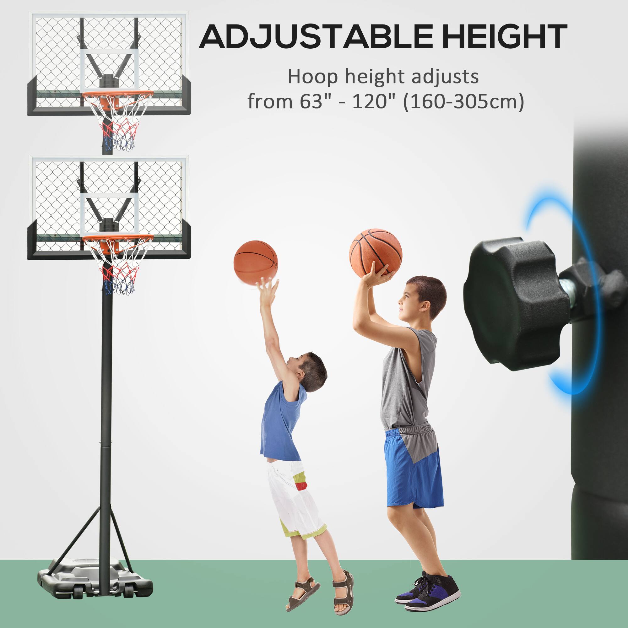 ADJUSTABLE HEIGHT  
Hoop height adjusts from 63" - 120" (160-305cm)