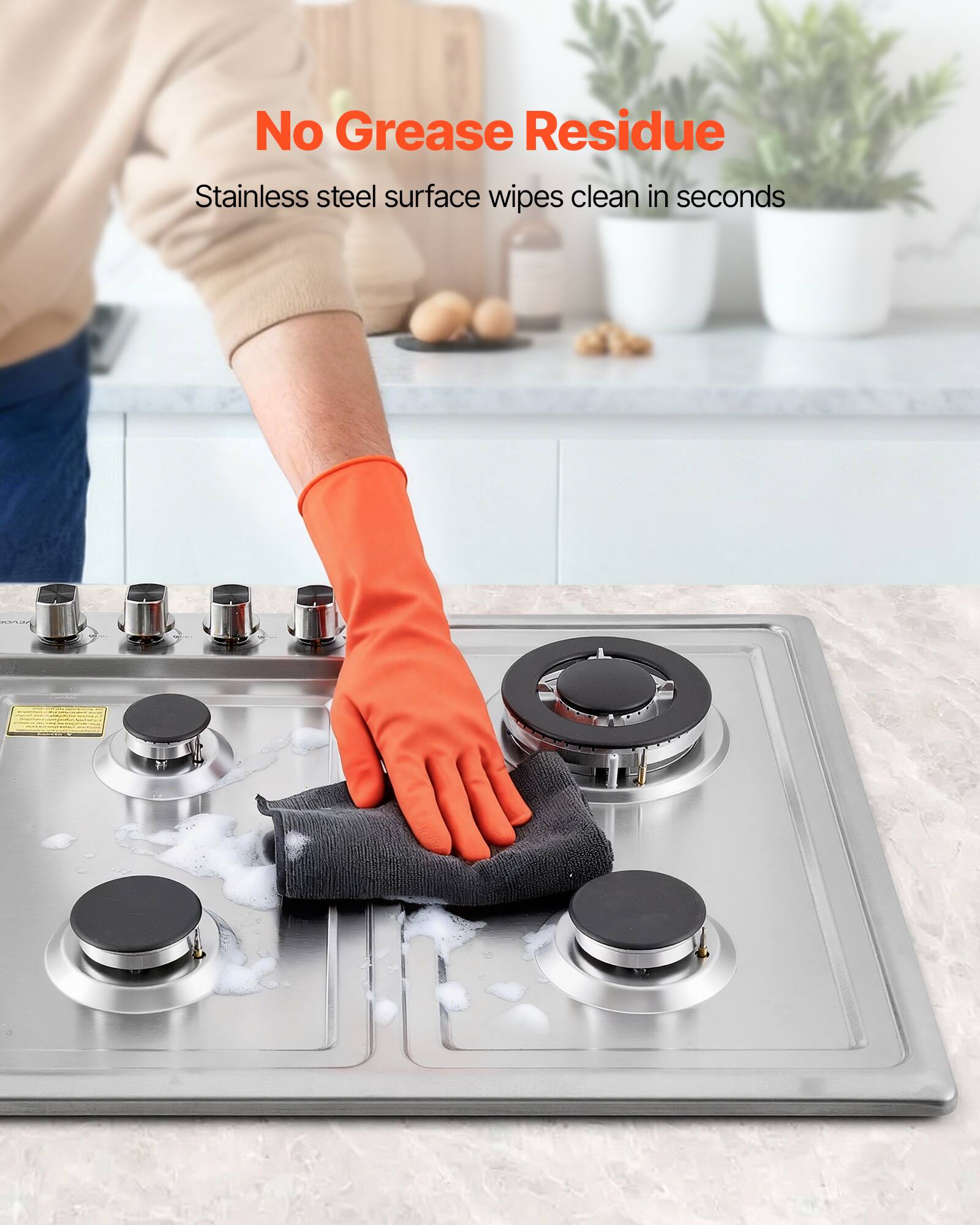 No Grease Residue  
Stainless steel surface wipes clean in seconds