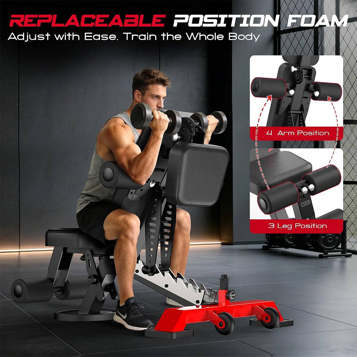 REPLACEABLE POSITION FOAM  
Adjust with Ease. Train the Whole Body  

4 Arm Position  
3 Leg Position