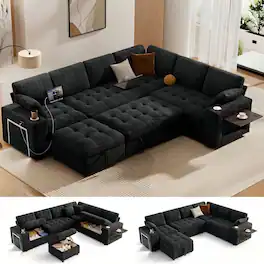 Dyonery - 110-in modular modular pull-out sofa, 7-seater sofa, with cup holder, small table board, storage space,chenille - Black
