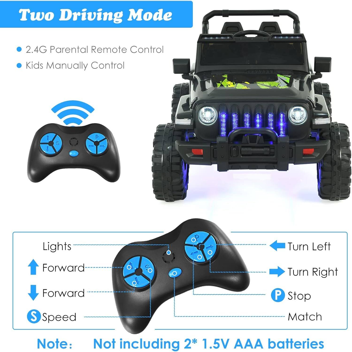 Two Driving Mode

- 2.4G Parental Remote Control
- Kids Manually Control

Lights
Forward
Forward
S Speed
P Stop
Turn Left
Turn Right
Match

Note: Not including 2* 1.5V AAA batteries